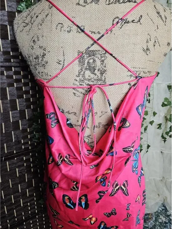 Pink Butterfly Print Slip Dress with Strappy Back - Picture 4 of 5